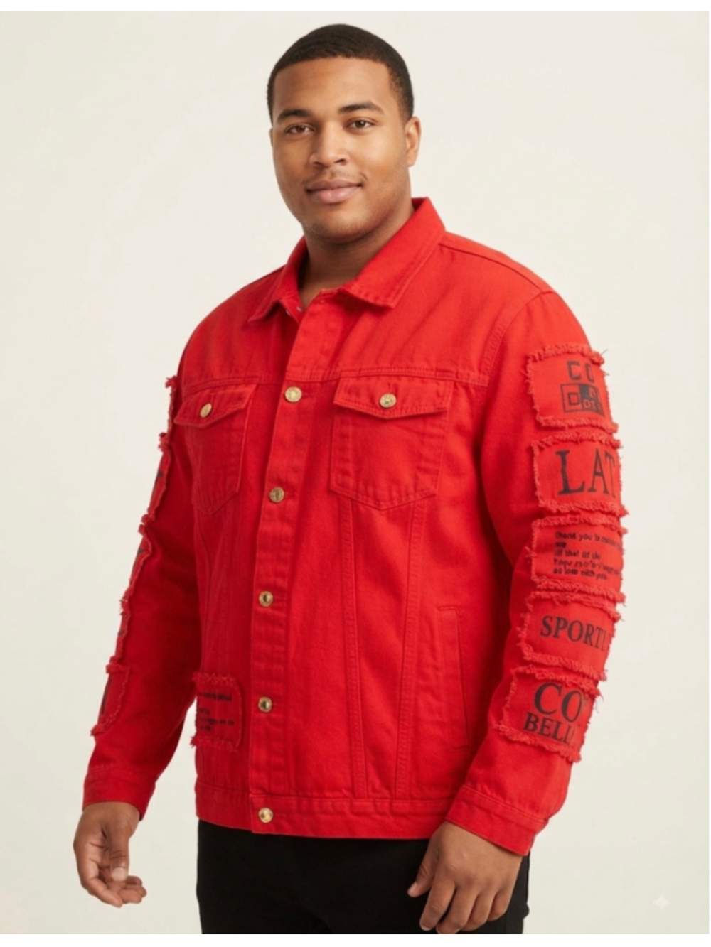 Men's Shein Red Denim Jacket with Graphic Patches, Size XL